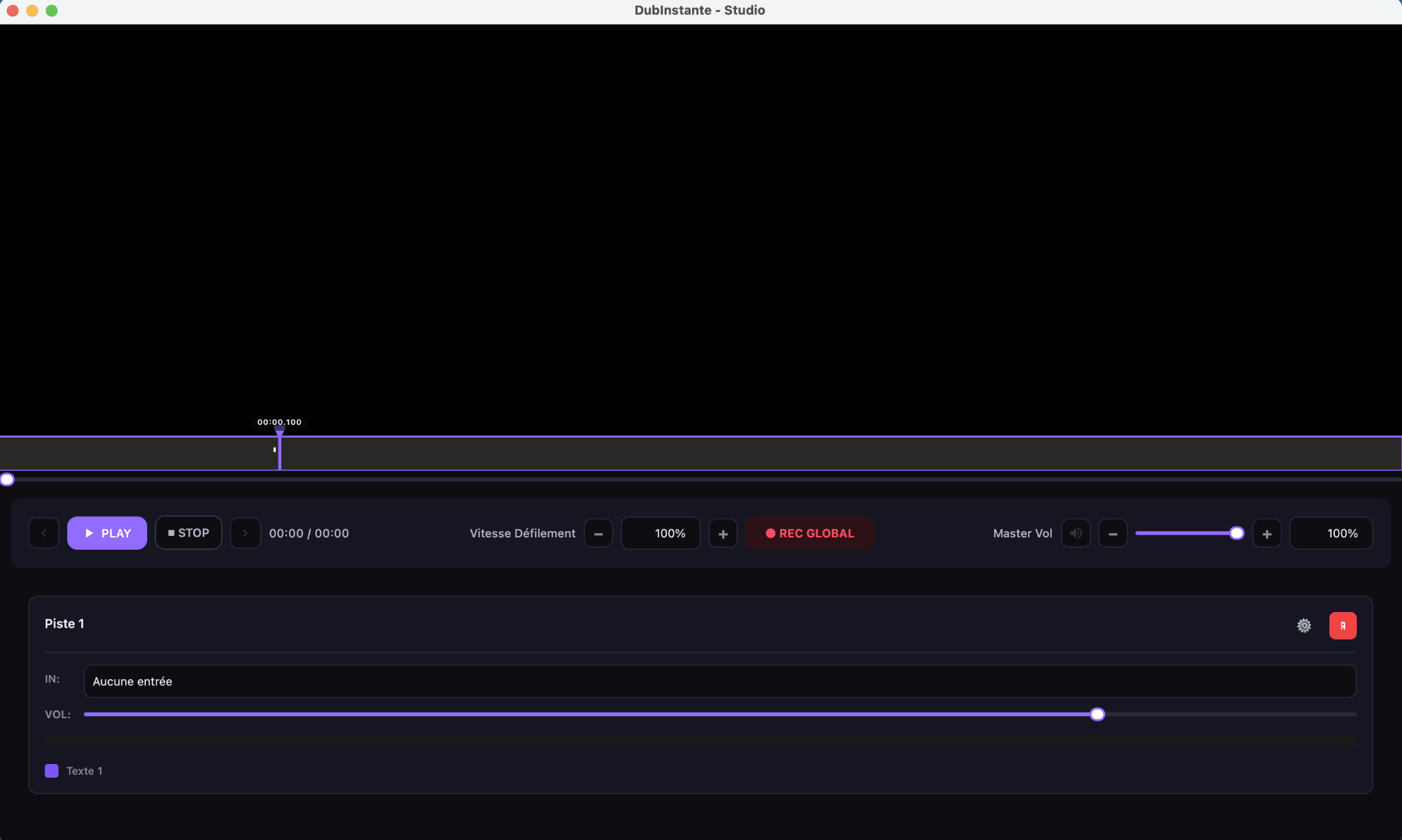 DubInstante Studio native interface with video player, 60 FPS rythmo band and 4-track discrete microphone meters