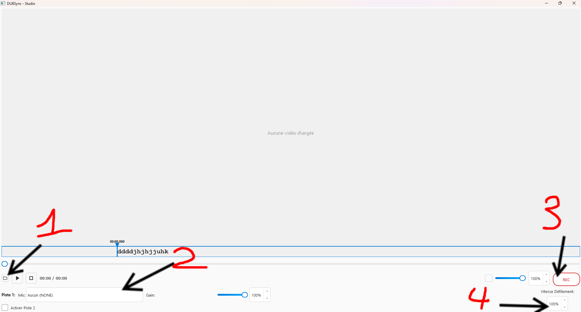 Interface principale de DUBInstante avec les contrôles principaux numérotés